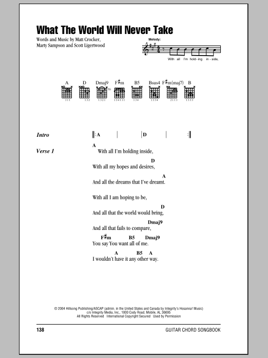 Learn to play Hillsong United What The World Will Never Take sheet music for Lyrics & Chords in minutes. Hillsong United What The World Will Never Take sheet music notes and chords