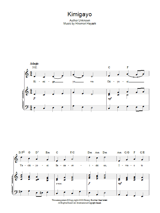 Learn to play Hiromori Hayashi Kimigayo (Japanese National Anthem) sheet music for Piano, Vocal & Guitar (Right-Hand Melody) in minutes. Hiromori Hayashi Kimigayo (Japanese National Anthem) sheet music preview music notes and score for Piano, Vocal & Guitar (Right-Hand Melody) including 2 page(s)