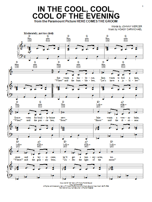Learn to play Hoagy Carmichael In The Cool, Cool, Cool Of The Evening (from Here Comes The Groom) sheet music for Piano, Vocal & Guitar (Right-Hand Melody) in minutes. Hoagy Carmichael In The Cool, Cool, Cool Of The Evening (from Here Comes The Groom) sheet music notes and chords