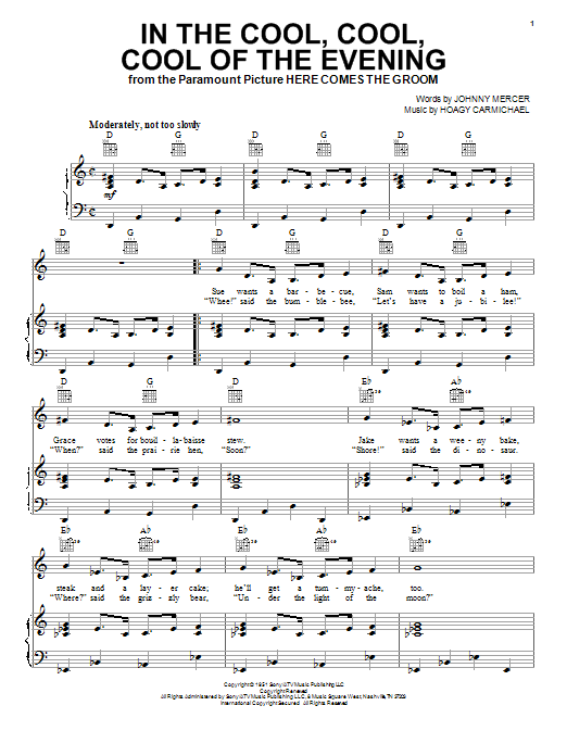Hoagy Carmichael In The Cool, Cool, Cool Of The Evening (from Here Comes The Groom) sheet music preview music notes and score for Piano, Vocal & Guitar (Right-Hand Melody) including 3 page(s)