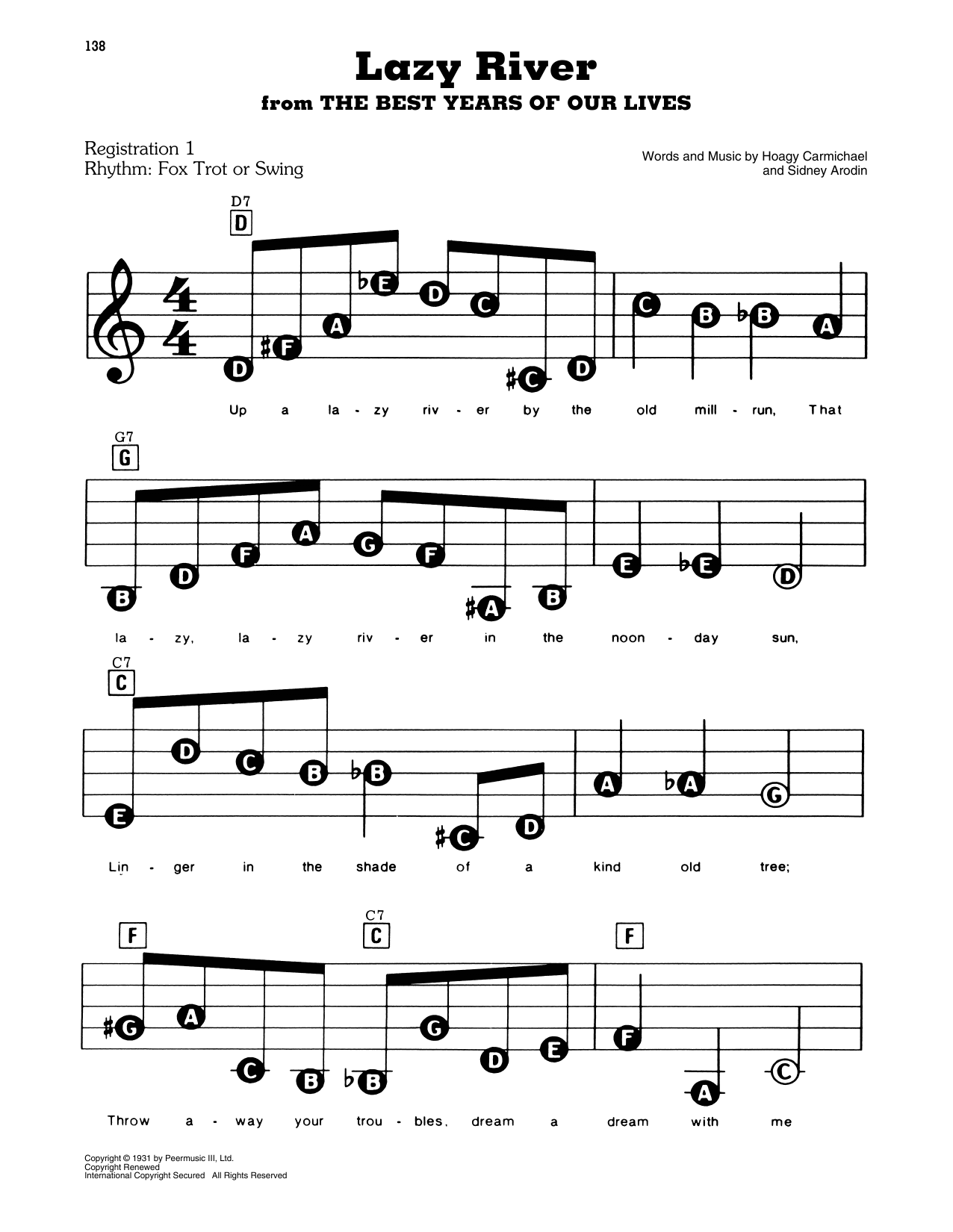 Hoagy Carmichael Lazy River (from The Best Years Of Our Lives) sheet music preview music notes and score for E-Z Play Today including 2 page(s)