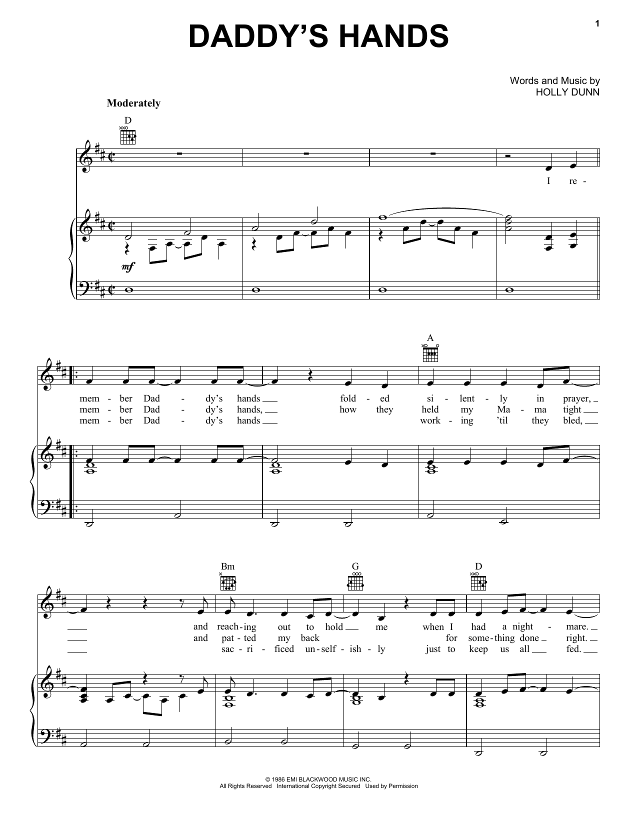 Holly Dunn Daddy's Hands sheet music preview music notes and score for Easy Guitar Tab including 3 page(s)