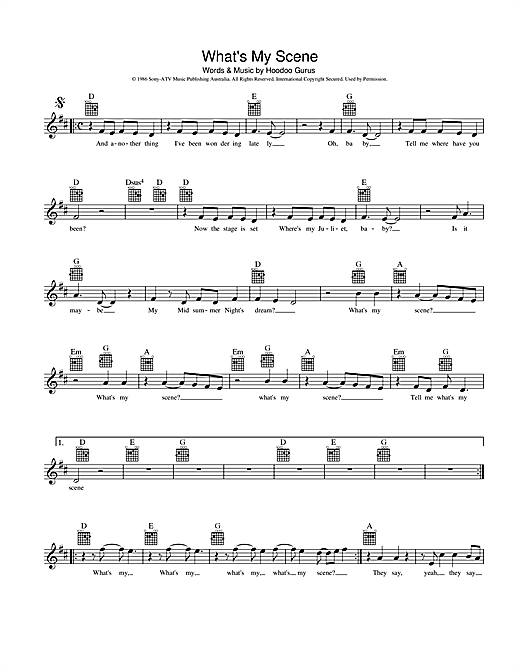 Learn to play Hoodoo Gurus What's My Scene sheet music for Melody Line, Lyrics & Chords in minutes. Hoodoo Gurus What's My Scene sheet music preview music notes and score for Melody Line, Lyrics & Chords including 2 page(s)