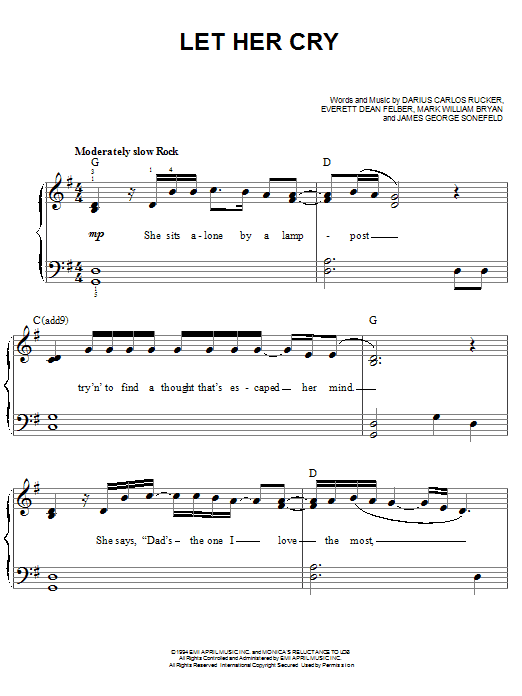 Learn to play Hootie & The Blowfish Let Her Cry sheet music for Easy Piano in minutes. Hootie & The Blowfish Let Her Cry sheet music notes and chords