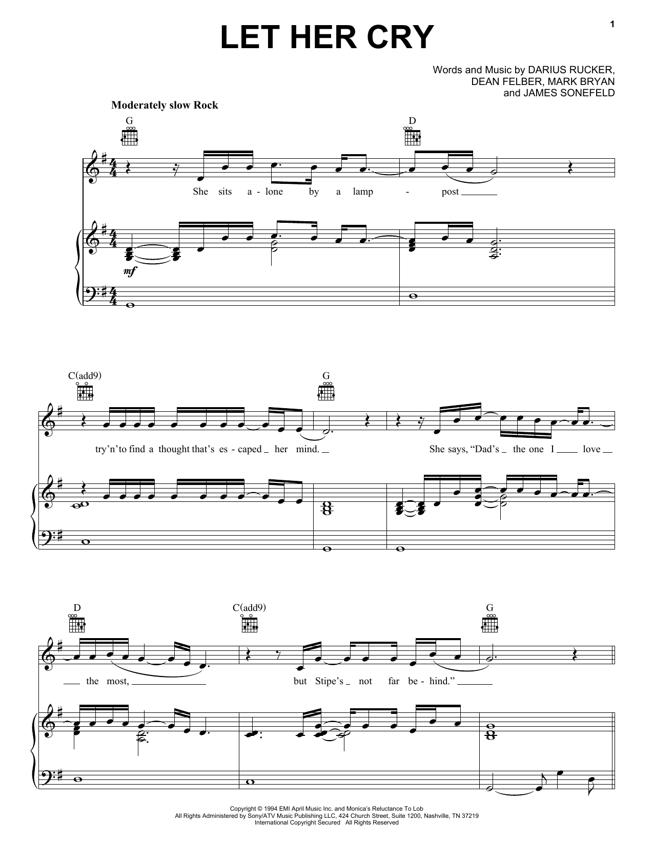 Hootie & The Blowfish Let Her Cry sheet music preview music notes and score for Piano, Vocal & Guitar (Right-Hand Melody) including 4 page(s)