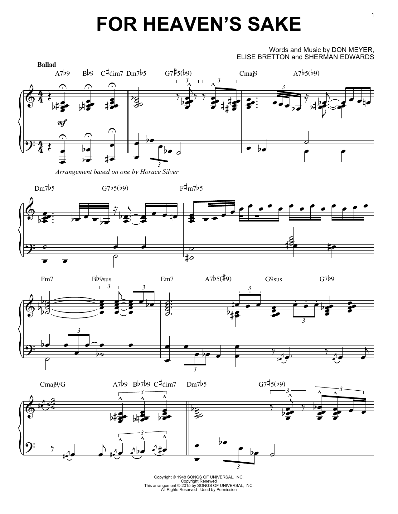 Horace Silver For Heaven's Sake sheet music, chords, lyrics - Printable PDF for Piano