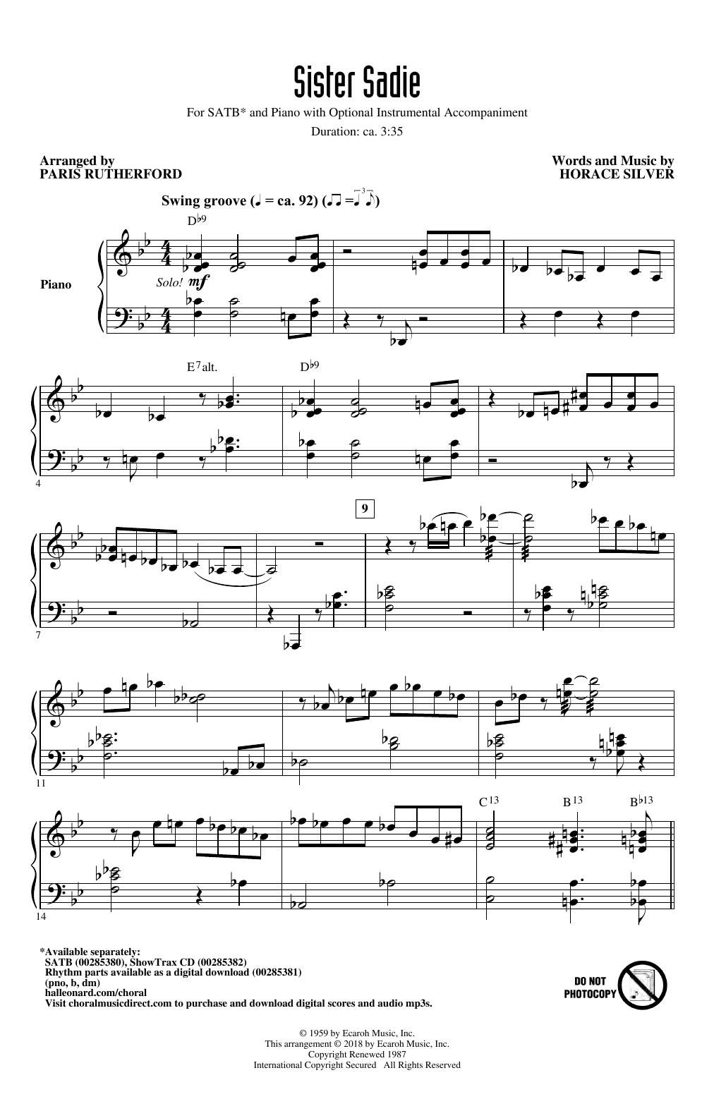 Horace Silver Sister Sadie (arr. Paris Rutherford) sheet music, chords, lyrics - Printable PDF for SATB Choir