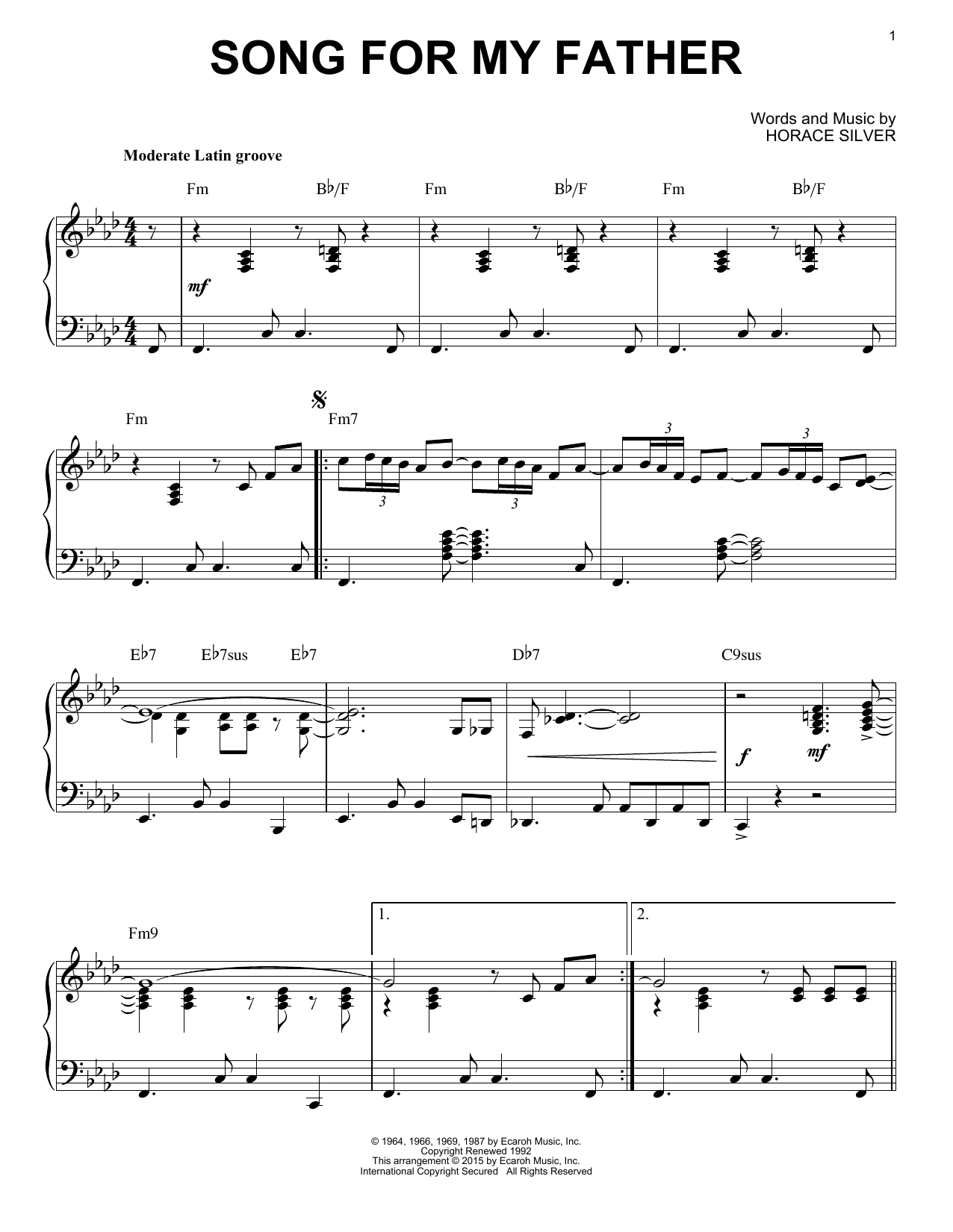 Horace Silver Song For My Father (arr. Brent Edstrom) sheet music, chords, lyrics - Printable PDF for Piano Solo
