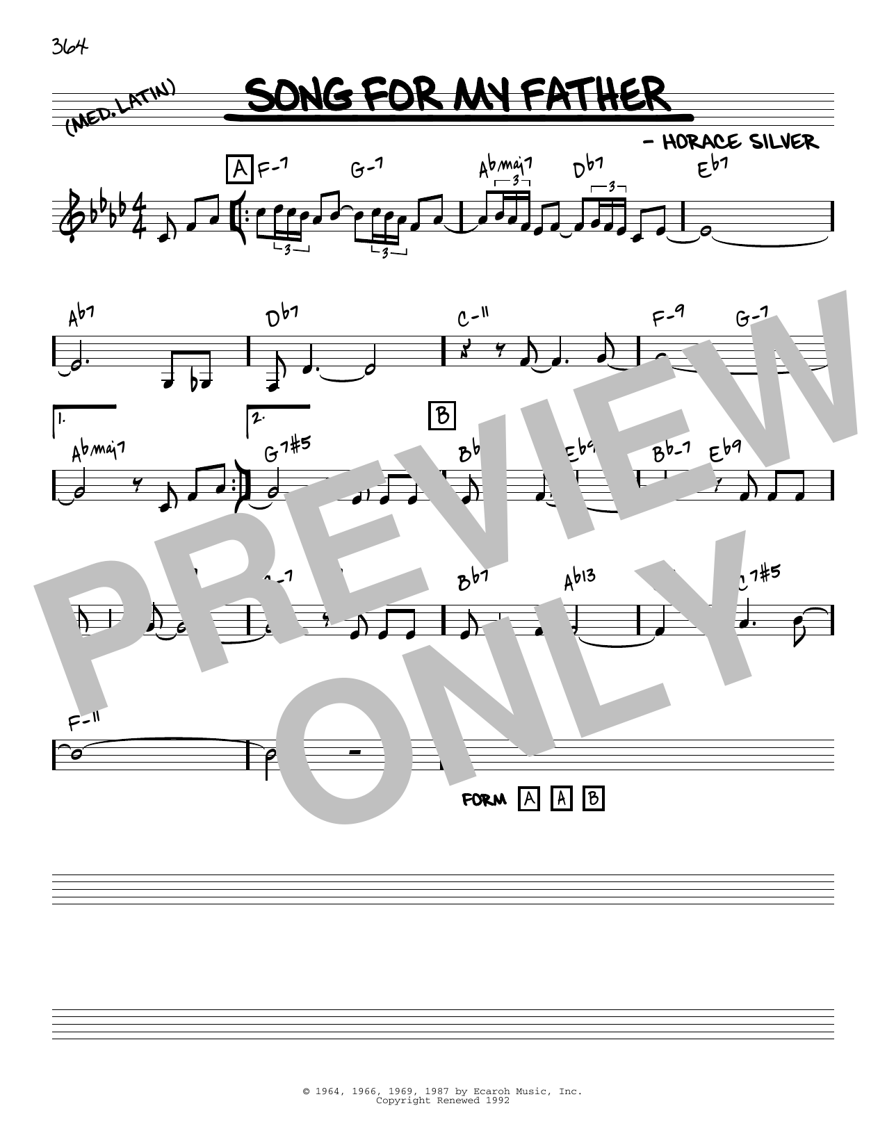 Horace Silver Song For My Father (arr. Jack Grassel) sheet music, chords, lyrics - Printable PDF for Real Book – Melody & Chords