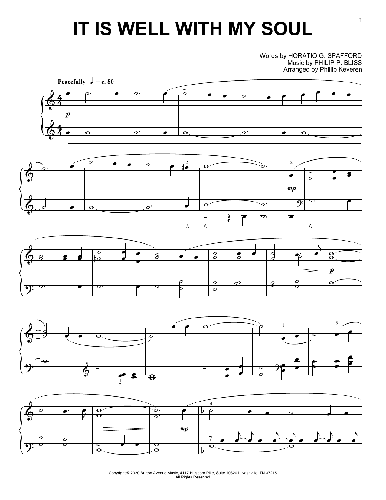 Horatio G. Spafford and Philip P. Bliss It Is Well With My Soul (arr. Phillip Keveren) sheet music, chords, lyrics - Printable PDF for Piano Solo