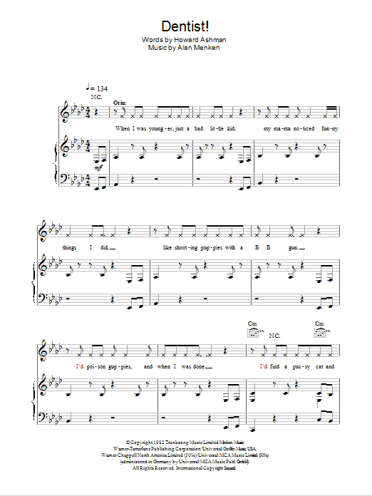 Alan Menken Dentist! (from Little Shop Of Horrors) sheet music, chords, lyrics - Printable PDF for Piano, Vocal & Guitar