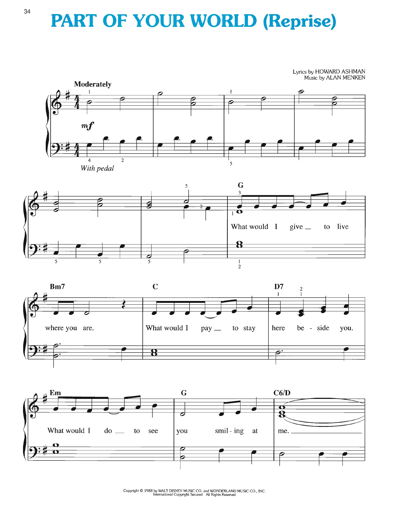 Howard Ashman Part Of Your World (Reprise) (from The Little Mermaid: A Broadway Musical) sheet music, chords, lyrics - Printable PDF for Easy Piano