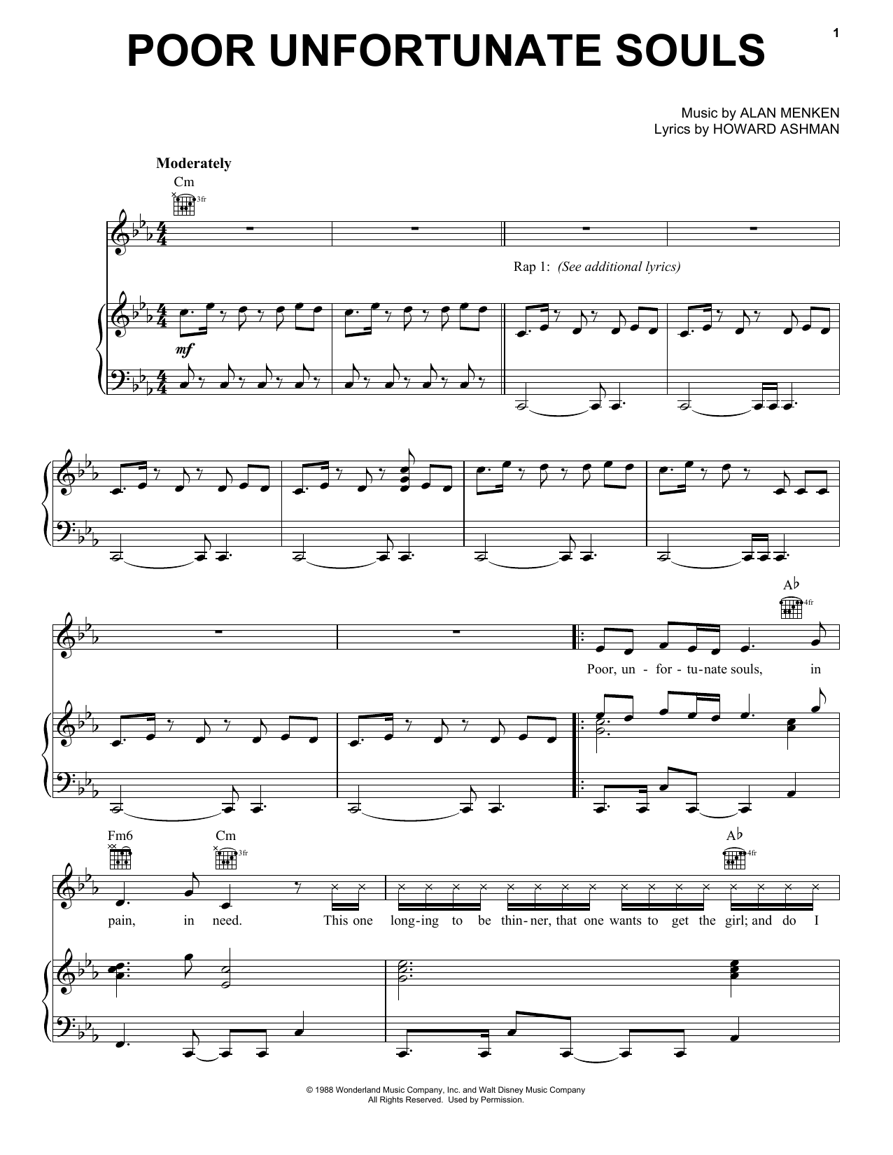 Howard Ashman Poor Unfortunate Souls sheet music, chords, lyrics - Printable PDF for Piano, Vocal & Guitar (Right-Hand Melody)