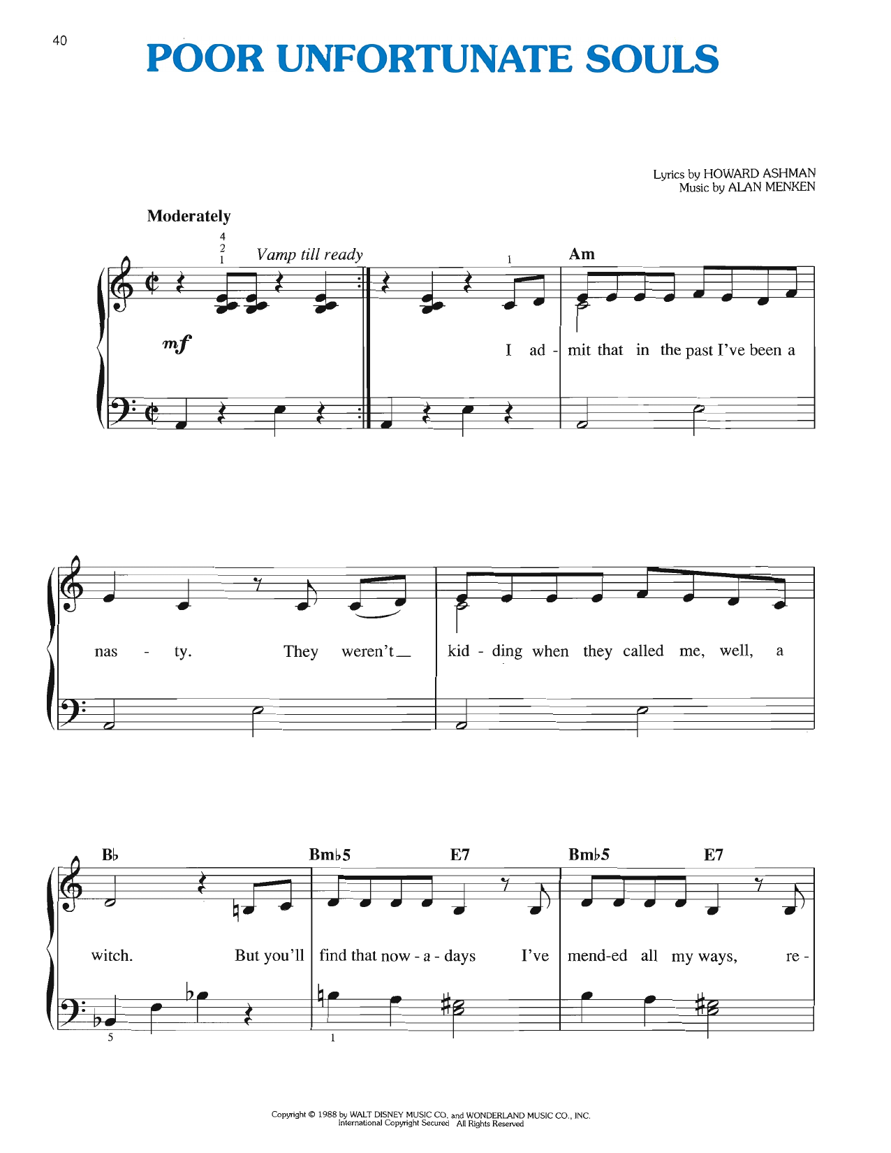 Howard Ashman Poor Unfortunate Souls (from The Little Mermaid: A Broadway Musical) sheet music, chords, lyrics - Printable PDF for Easy Piano