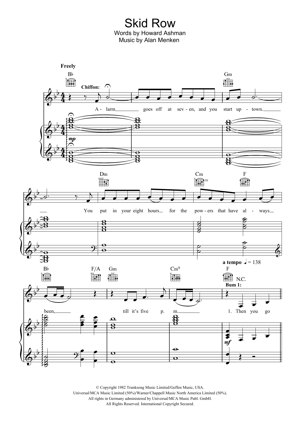 Alan Menken Skid Row (Downtown) sheet music, chords, lyrics - Printable PDF for Piano, Vocal & Guitar