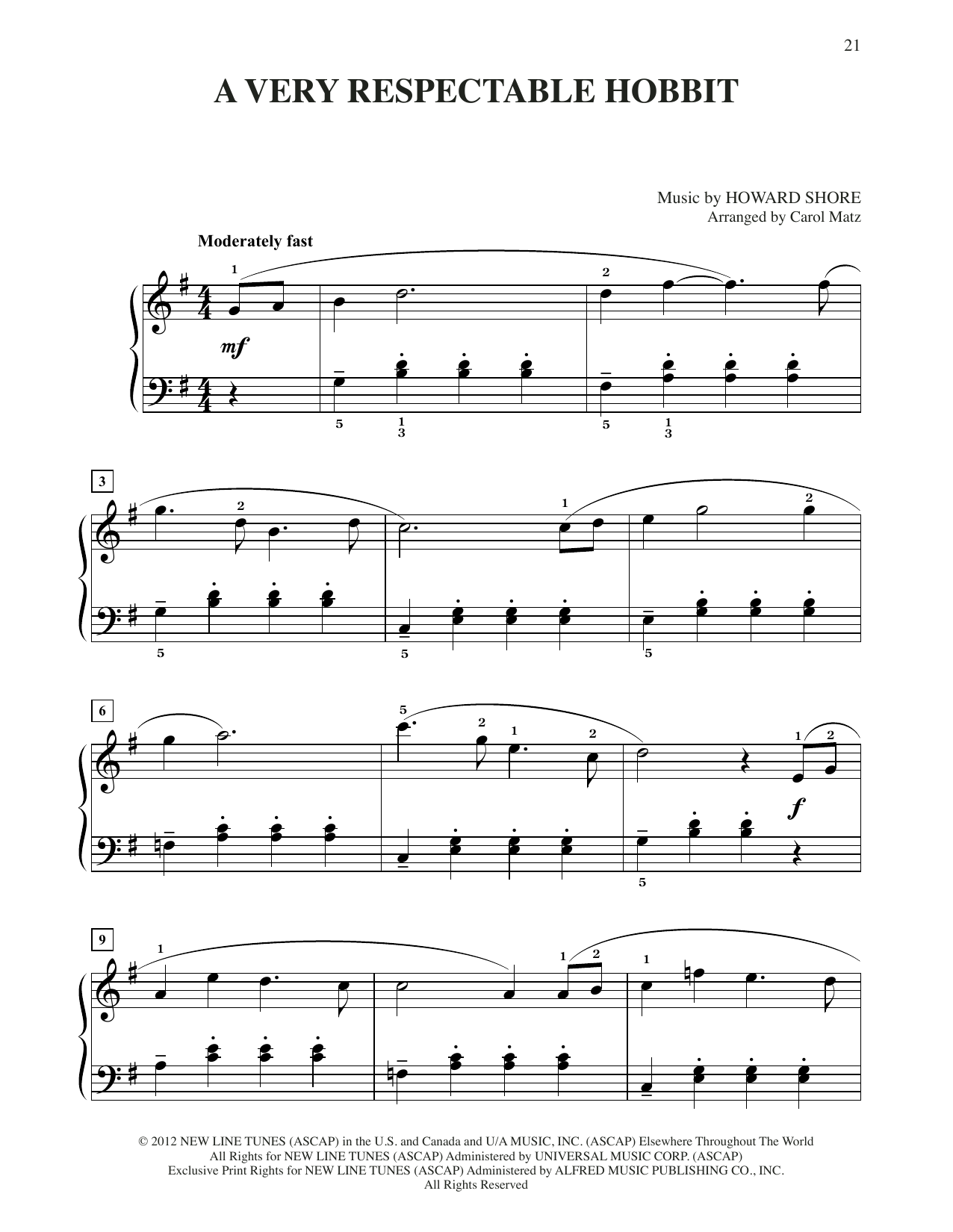 Howard Shore A Very Respectable Hobbit (from The Hobbit: An Unexpected Journey) (arr. Carol Matz) sheet music, chords, lyrics - Printable PDF for Big Note Piano