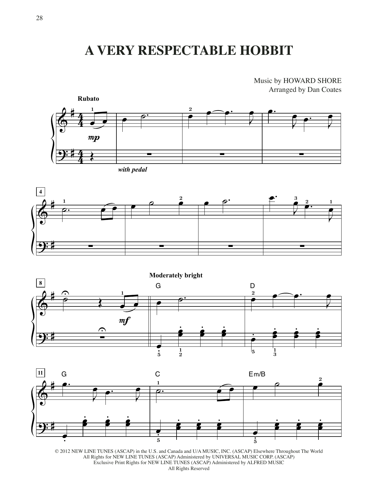 Howard Shore A Very Respectable Hobbit (from The Hobbit: An Unexpected Journey) (arr. Dan Coates) sheet music, chords, lyrics - Printable PDF for Easy Piano