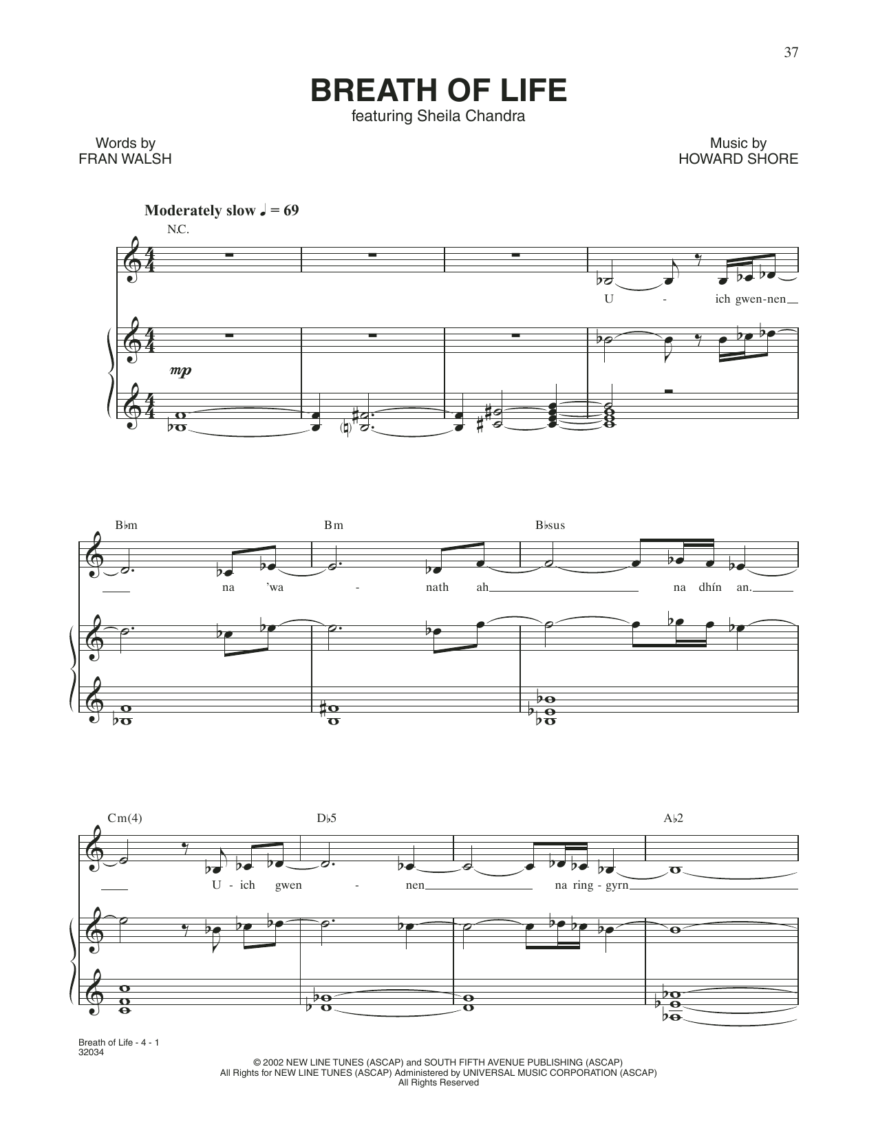 Howard Shore Breath Of Life (from The Lord Of The Rings: The Two Towers) sheet music, chords, lyrics - Printable PDF for Piano & Vocal