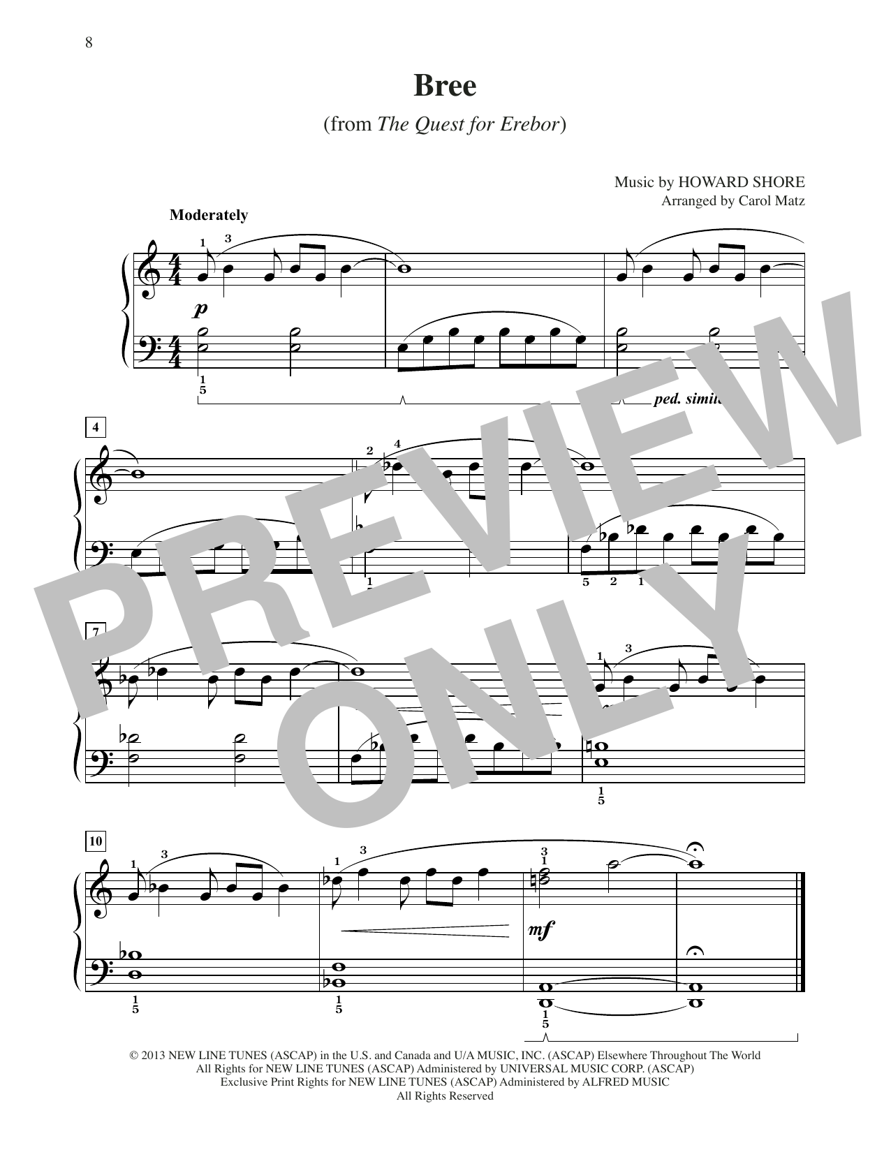 Howard Shore Bree (from The Hobbit: The Desolation of Smaug) (arr. Carol Matz) sheet music, chords, lyrics - Printable PDF for Big Note Piano