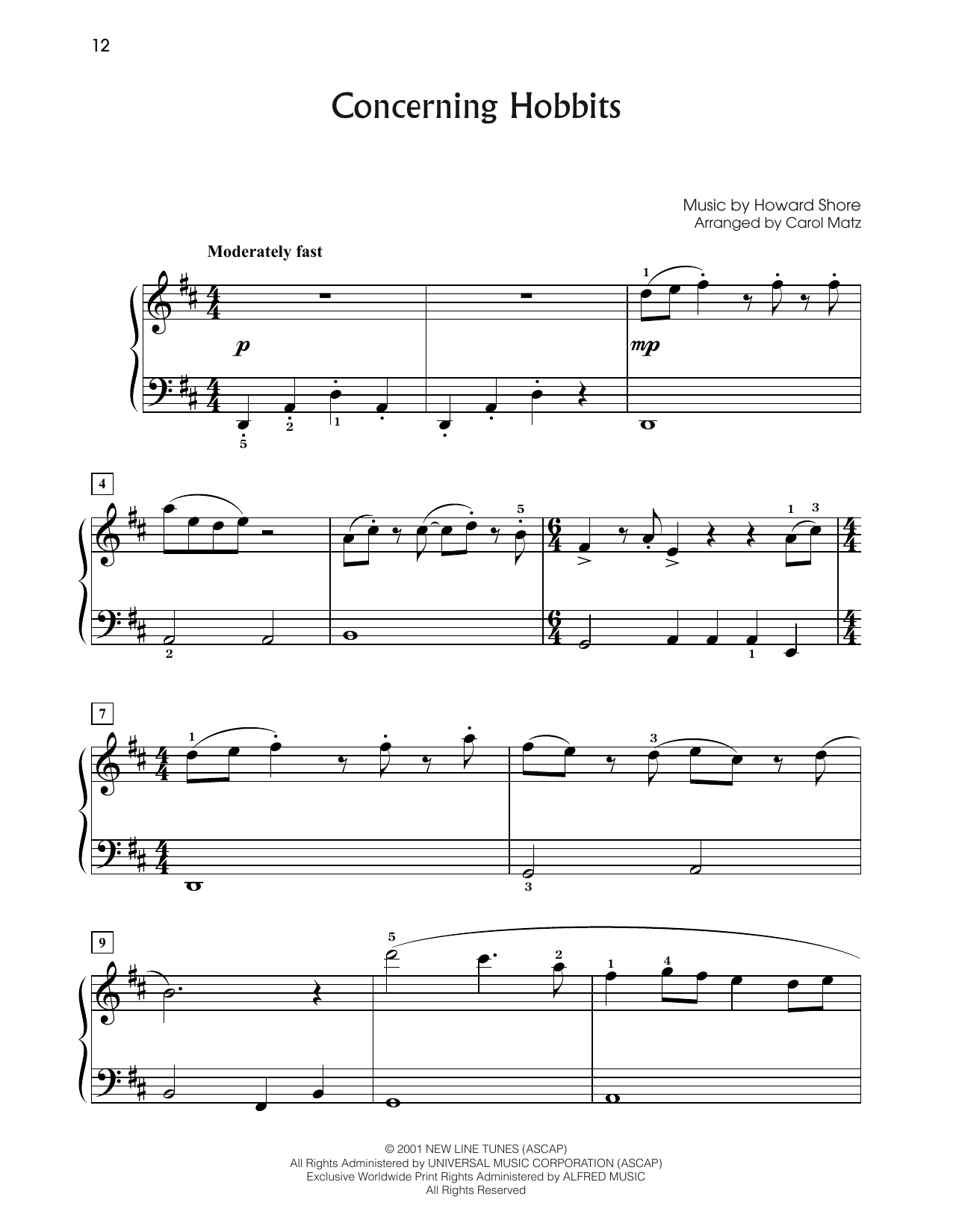 Howard Shore Concerning Hobbits (from The Lord Of The Rings: The Fellowship Of The Ring) (arr. Carol Matz) sheet music, chords, lyrics - Printable PDF for Big Note Piano
