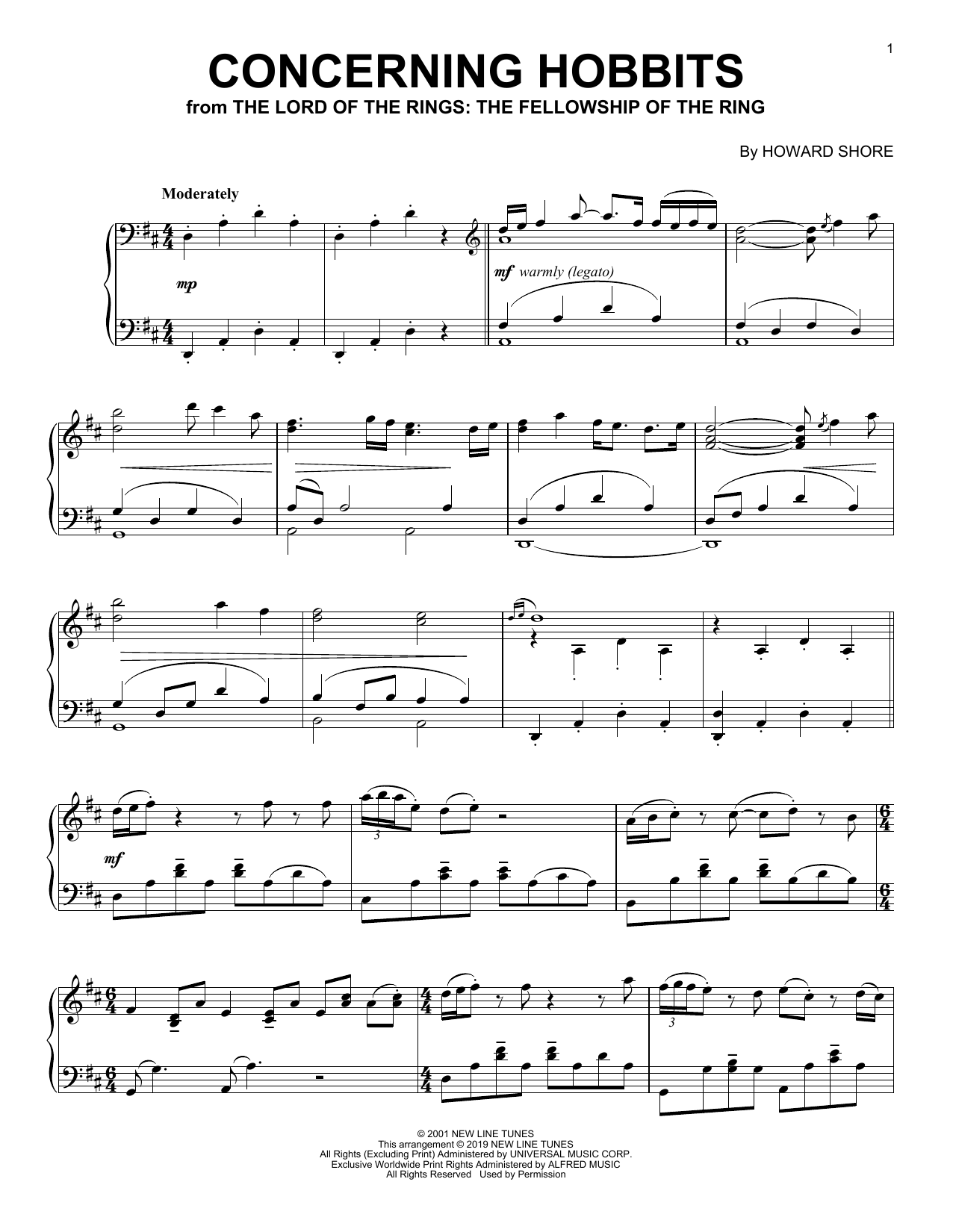 Howard Shore Concerning Hobbits (from The Lord Of The Rings: The Fellowship Of The Ring) sheet music, chords, lyrics - Printable PDF for Piano Solo