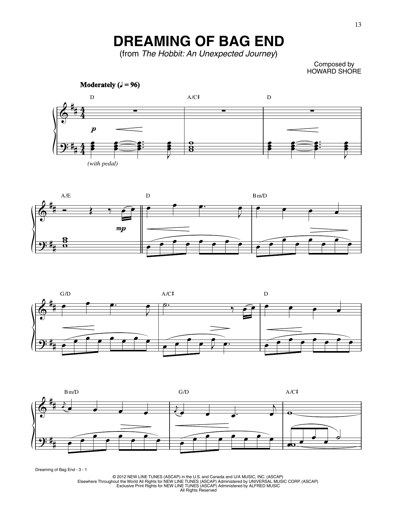 Howard Shore Dreaming Of Bag End (from The Hobbit: An Unexpected Journey) sheet music, chords, lyrics - Printable PDF for Piano Solo