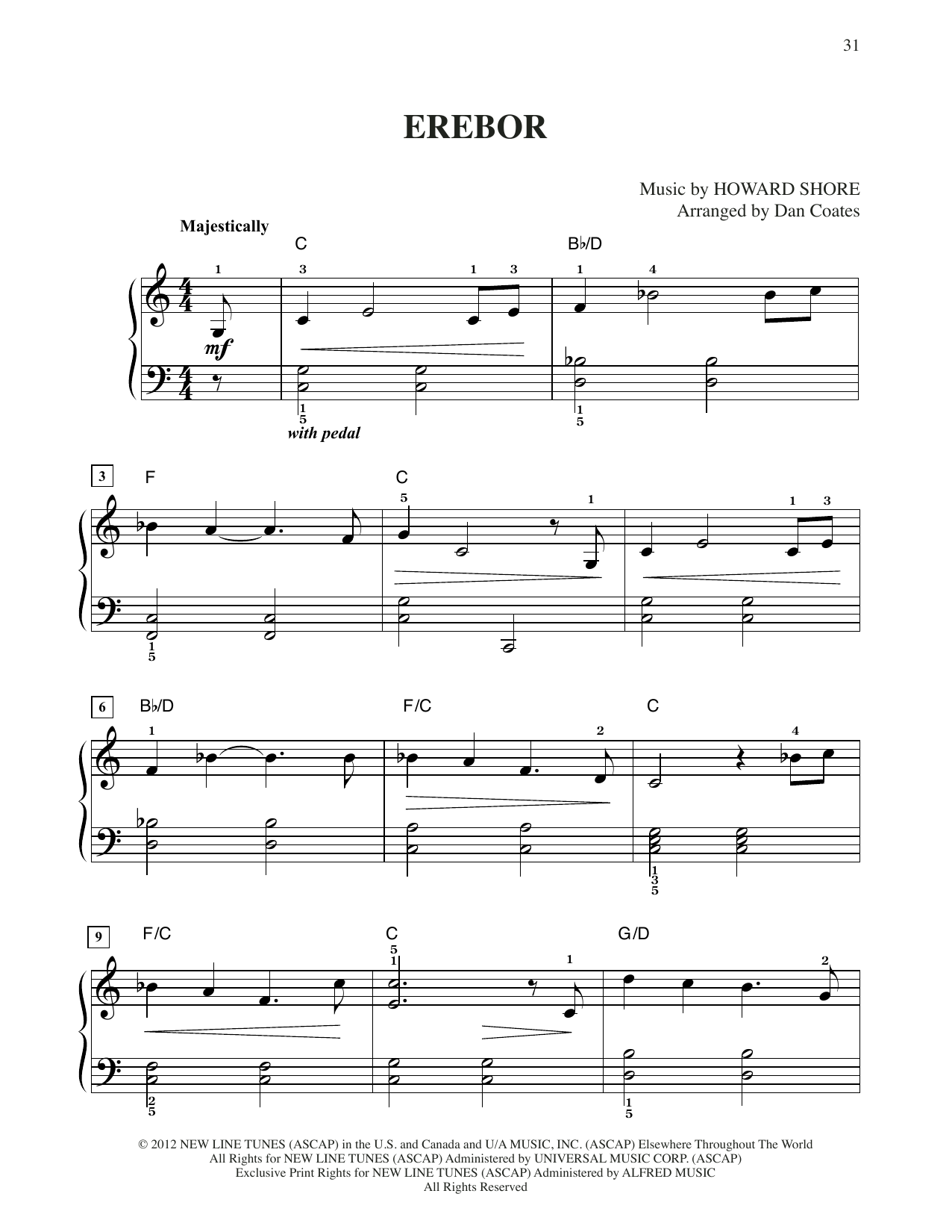 Howard Shore Erebor (from The Hobbit: An Unexpected Journey) (arr. Dan Coates) sheet music, chords, lyrics - Printable PDF for Easy Piano