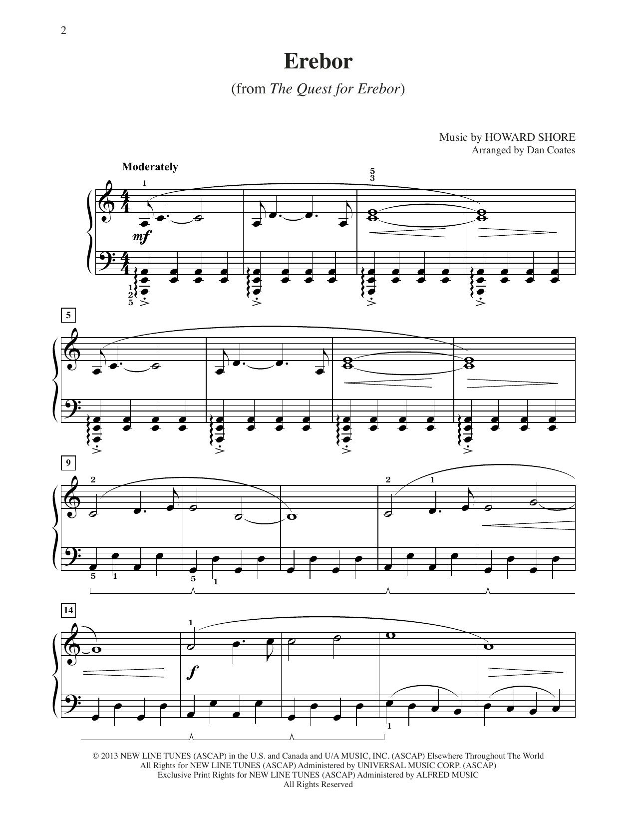 Howard Shore Erebor (from The Hobbit: The Desolation of Smaug) (arr. Dan Coates) sheet music, chords, lyrics - Printable PDF for Easy Piano