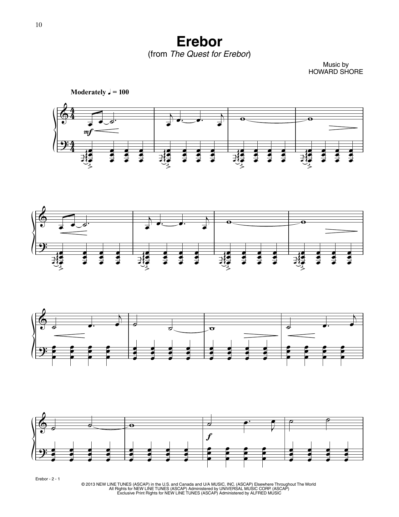 Howard Shore Erebor (from The Hobbit: The Desolation of Smaug) sheet music, chords, lyrics - Printable PDF for Piano Solo