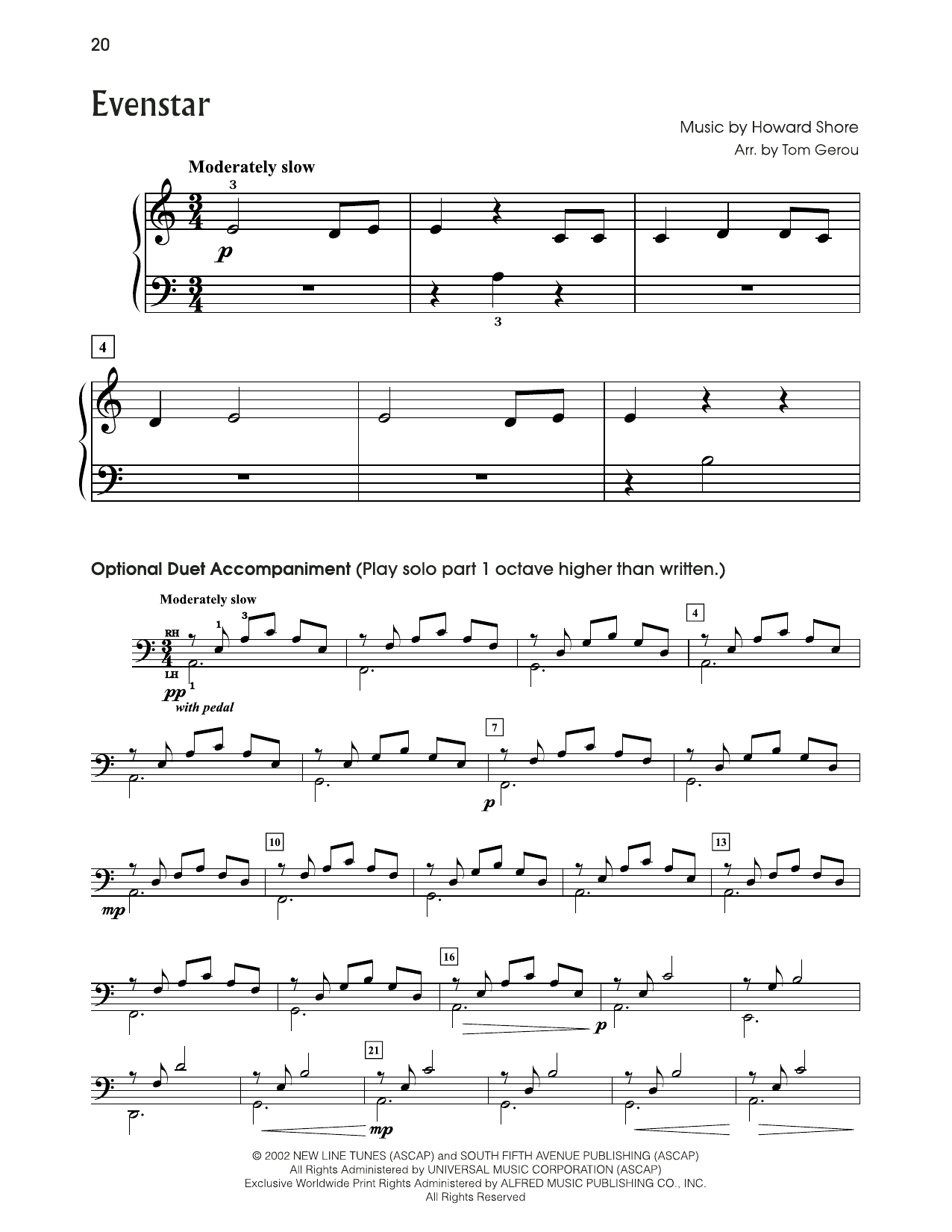 Howard Shore Evenstar (from The Lord Of The Rings) (arr. Tom Gerou) sheet music, chords, lyrics - Printable PDF for 5-Finger Piano