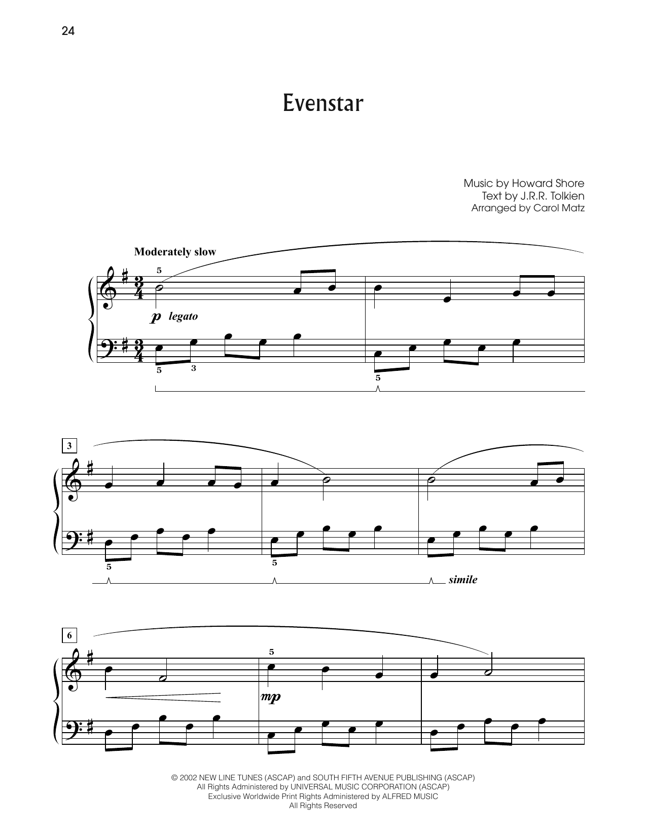 Howard Shore Evenstar (from The Lord Of The Rings: The Two Towers) (arr. Carol Matz) sheet music, chords, lyrics - Printable PDF for Big Note Piano