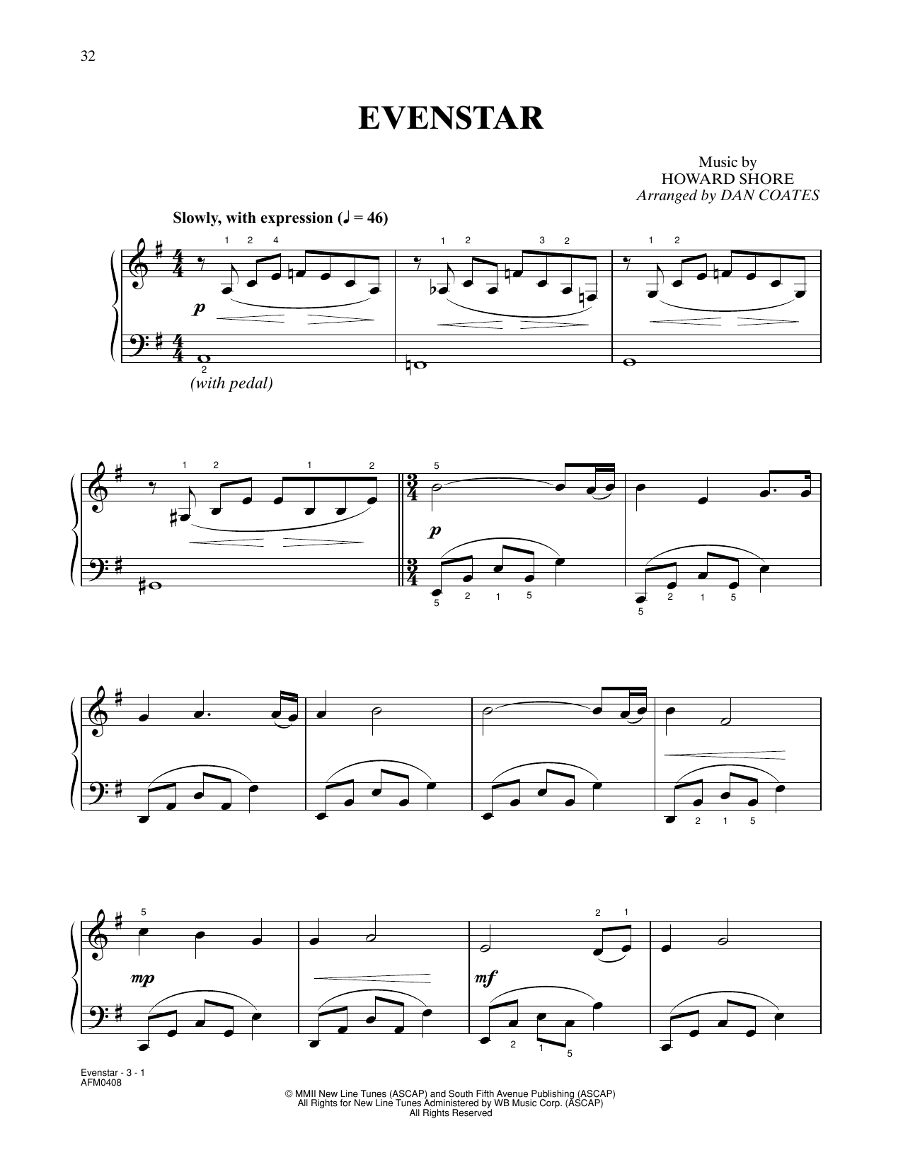 Howard Shore Evenstar (from The Lord Of The Rings: The Two Towers) (arr. Dan Coates) sheet music, chords, lyrics - Printable PDF for Easy Piano