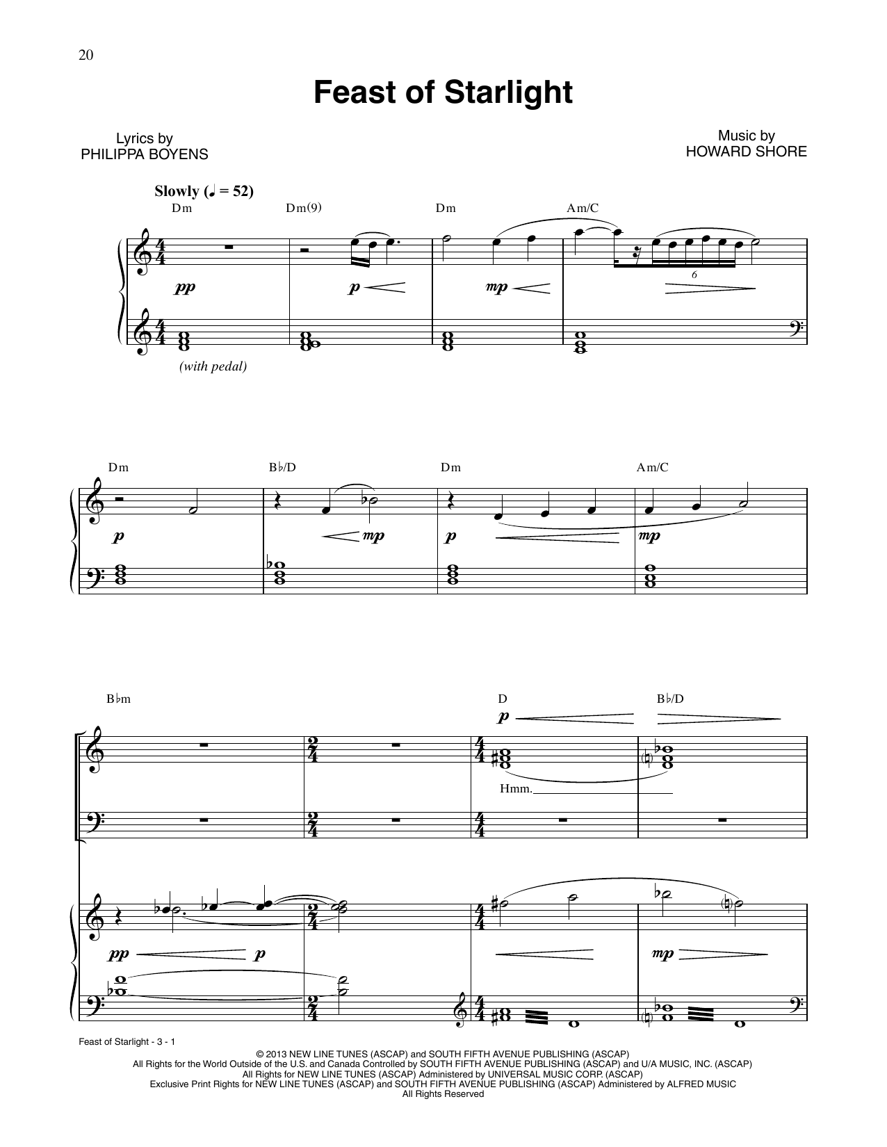 Howard Shore Feast Of Starlight (from The Hobbit: The Desolation of Smaug) sheet music, chords, lyrics - Printable PDF for Piano & Vocal