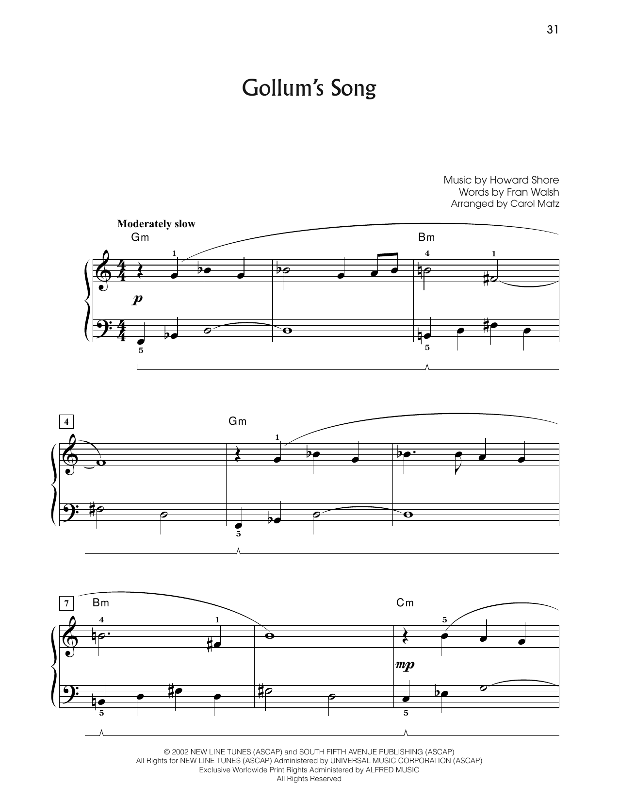Howard Shore Gollum's Song (from The Lord Of The Rings: The Two Towers) (arr. Carol Matz) sheet music, chords, lyrics - Printable PDF for Big Note Piano
