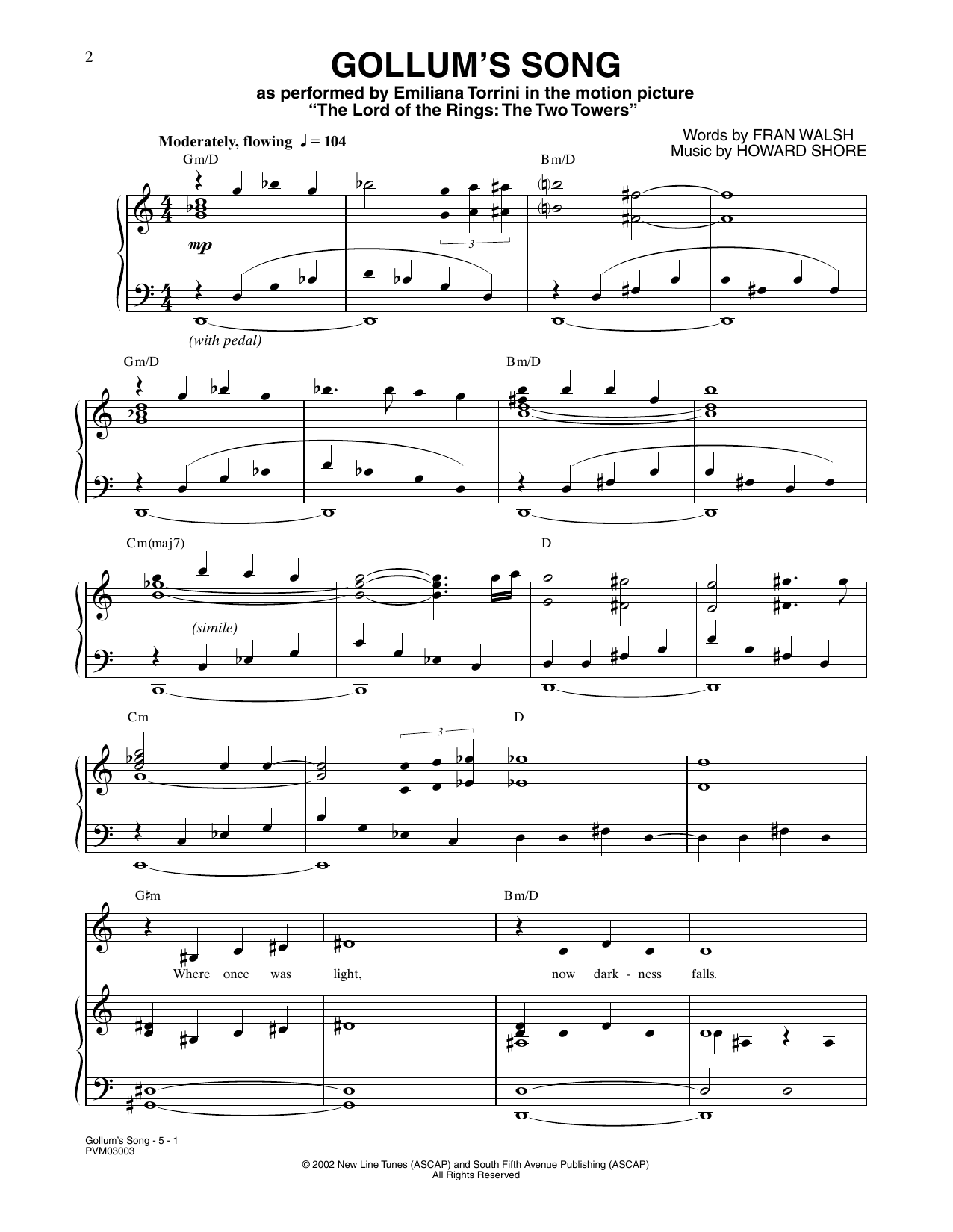 Howard Shore Gollum's Song (from The Lord Of The Rings: The Two Towers) sheet music, chords, lyrics - Printable PDF for Piano, Vocal & Guitar Chords (Right-Hand Melody)