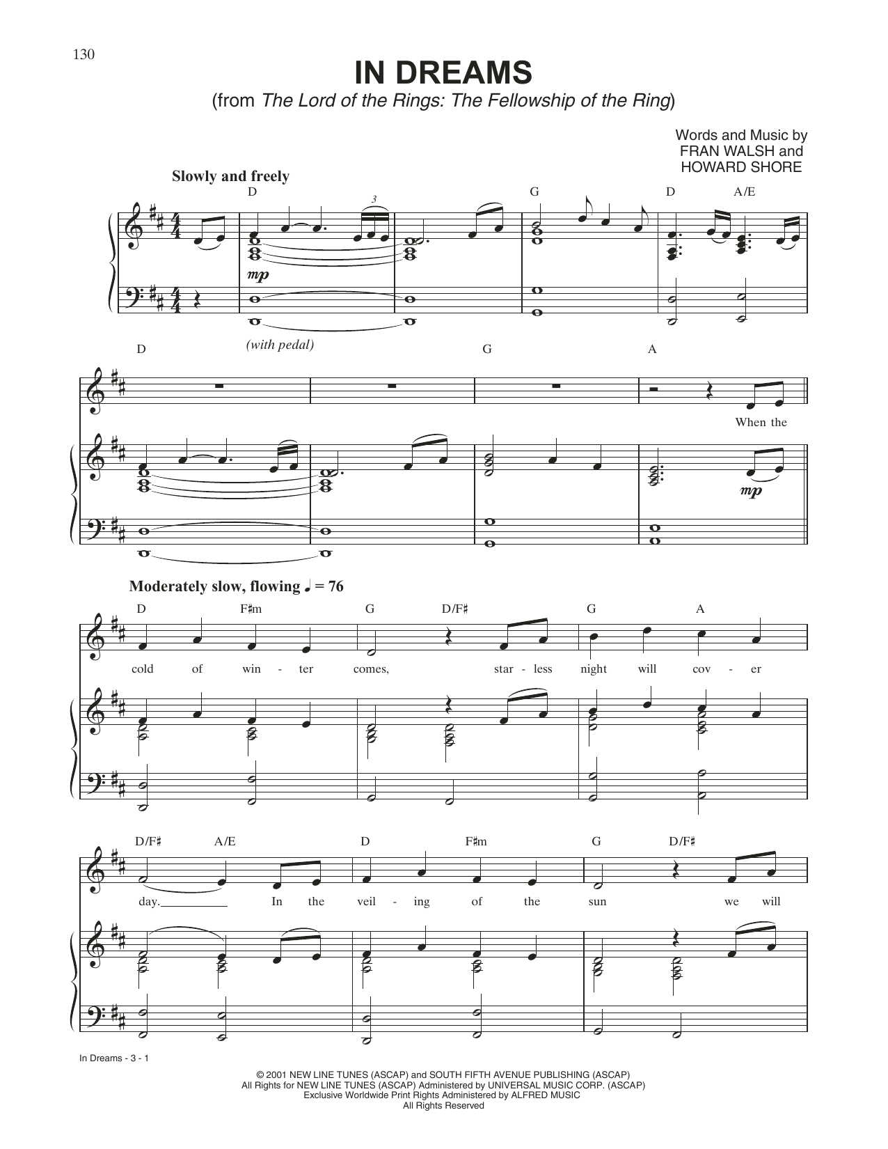Howard Shore In Dreams (from The Lord Of The Rings: The Fellowship Of The Ring) sheet music, chords, lyrics - Printable PDF for Piano & Vocal