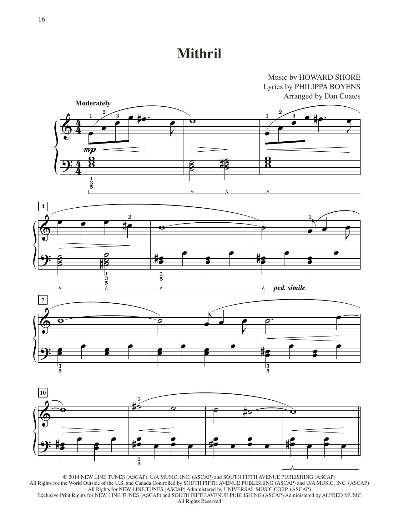 Howard Shore Mithril (from The Hobbit: The Battle of the Five Armies) (arr. Dan Coates) sheet music, chords, lyrics - Printable PDF for Easy Piano