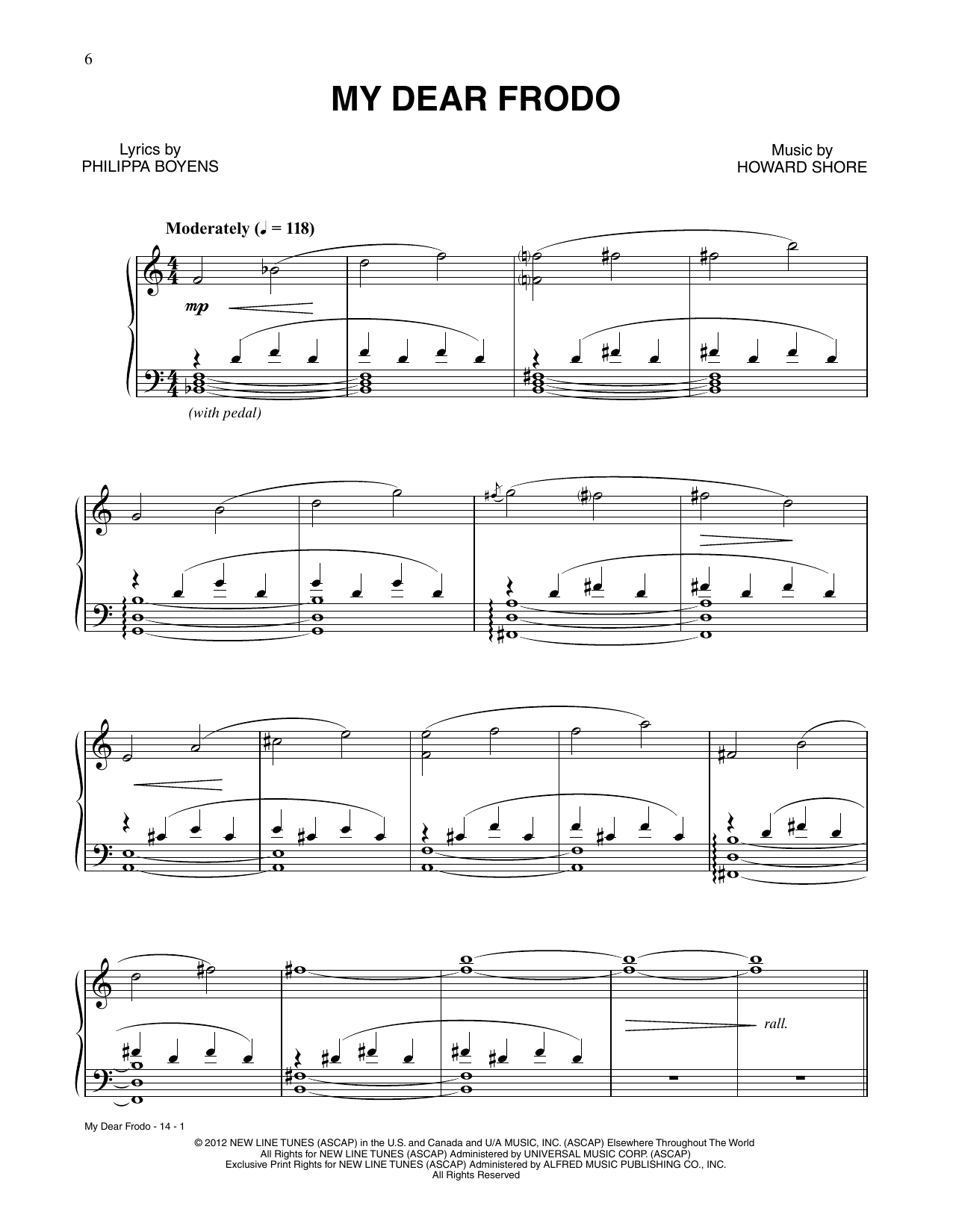 Howard Shore My Dear Frodo (from The Hobbit: An Unexpected Journey) sheet music, chords, lyrics - Printable PDF for Piano & Vocal