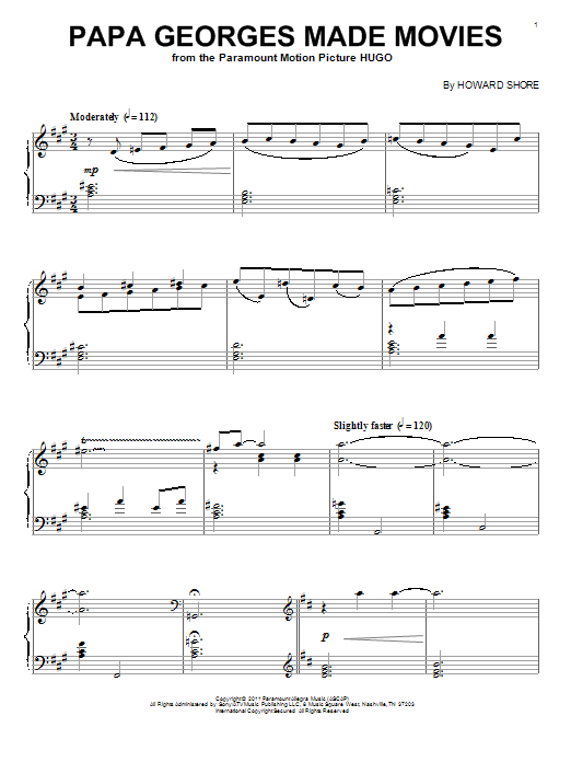 Howard Shore Papa Georges Made Movies sheet music, chords, lyrics - Printable PDF for Piano