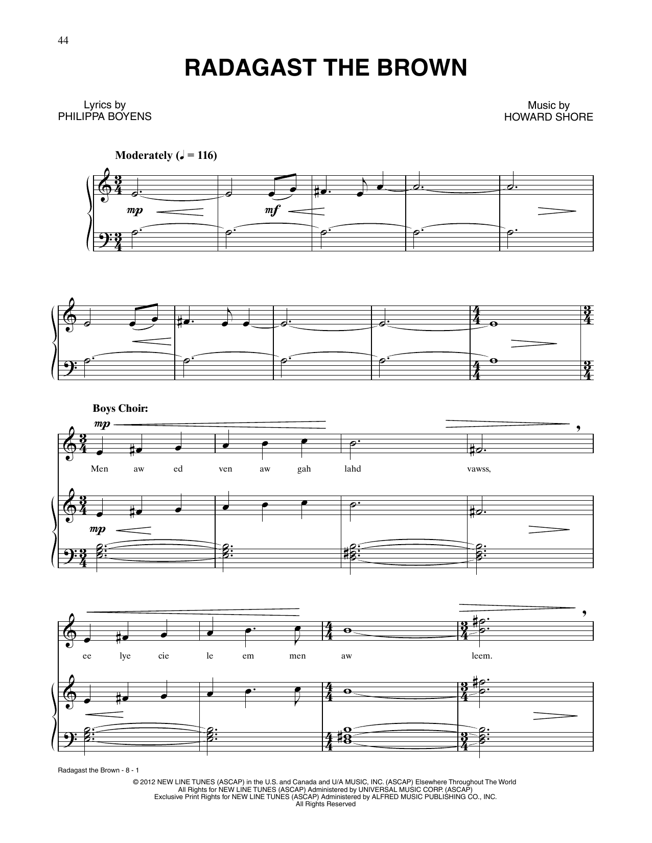 Howard Shore Radagast The Brown (from The Hobbit: An Unexpected Journey) sheet music, chords, lyrics - Printable PDF for Piano & Vocal