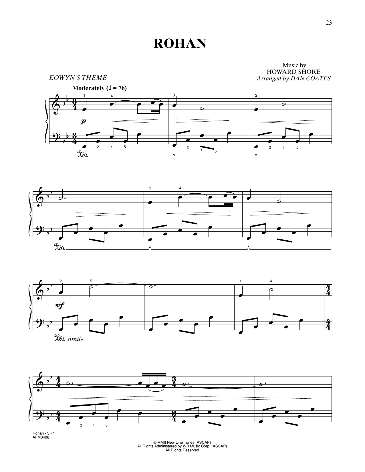 Howard Shore Rohan (from The Lord Of The Rings: The Two Towers) (arr. Dan Coates) sheet music, chords, lyrics - Printable PDF for Easy Piano