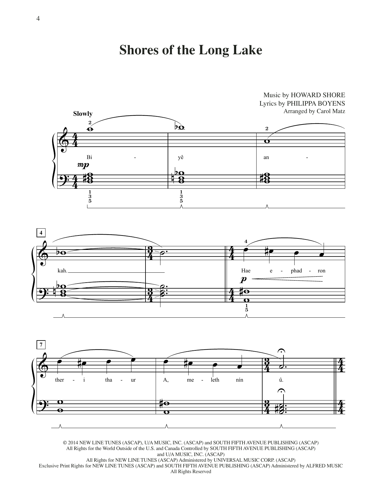 Howard Shore Shores Of The Long Lake (from The Hobbit: The Battle of the Five Armies) (arr. Carol Matz) sheet music, chords, lyrics - Printable PDF for Big Note Piano