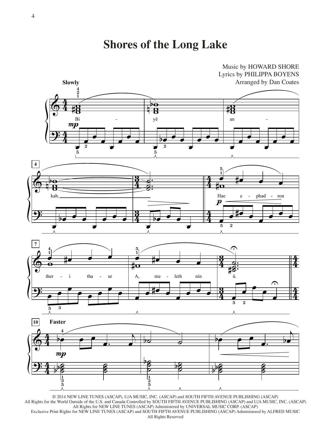Howard Shore Shores Of The Long Lake (from The Hobbit: The Battle of the Five Armies) (arr. Dan Coates) sheet music, chords, lyrics - Printable PDF for Easy Piano