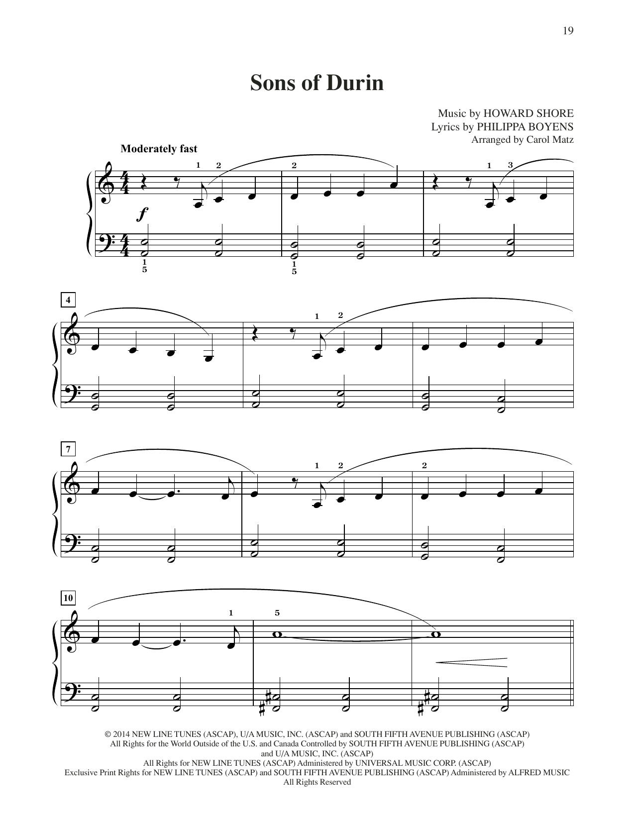 Howard Shore Sons Of Durin (from The Hobbit: The Battle of the Five Armies) (arr. Carol Matz) sheet music, chords, lyrics - Printable PDF for Big Note Piano