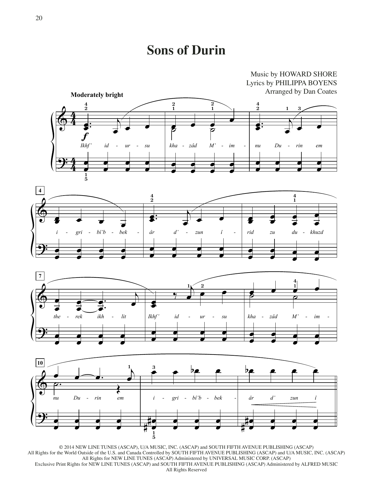 Howard Shore Sons Of Durin (from The Hobbit: The Battle of the Five Armies) (arr. Dan Coates) sheet music, chords, lyrics - Printable PDF for Easy Piano