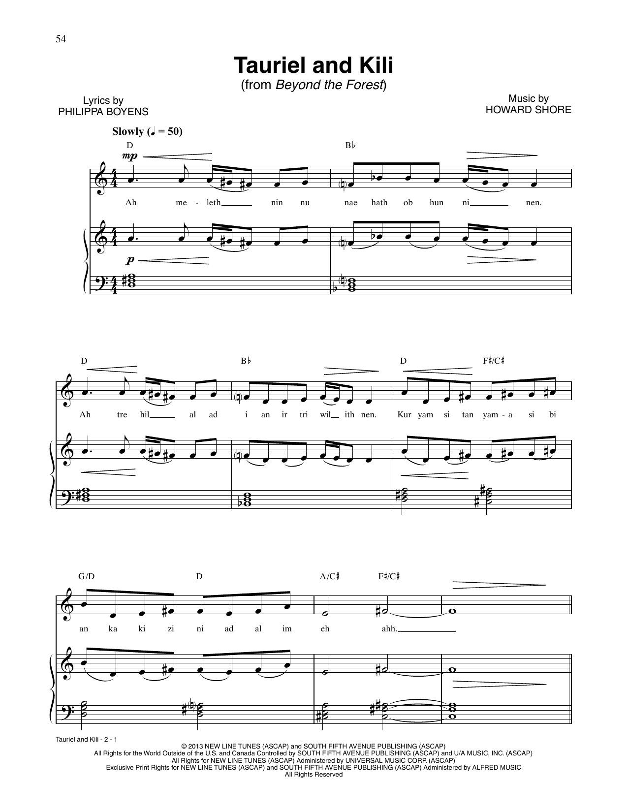 Howard Shore Tauriel And Kili (from The Hobbit: The Desolation of Smaug) sheet music, chords, lyrics - Printable PDF for Piano & Vocal