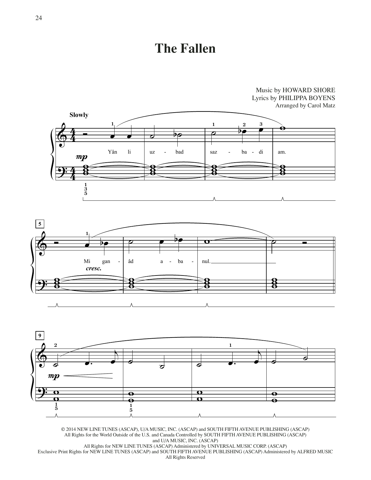 Howard Shore The Fallen (from The Hobbit: The Battle of the Five Armies) (arr. Carol Matz) sheet music, chords, lyrics - Printable PDF for Big Note Piano