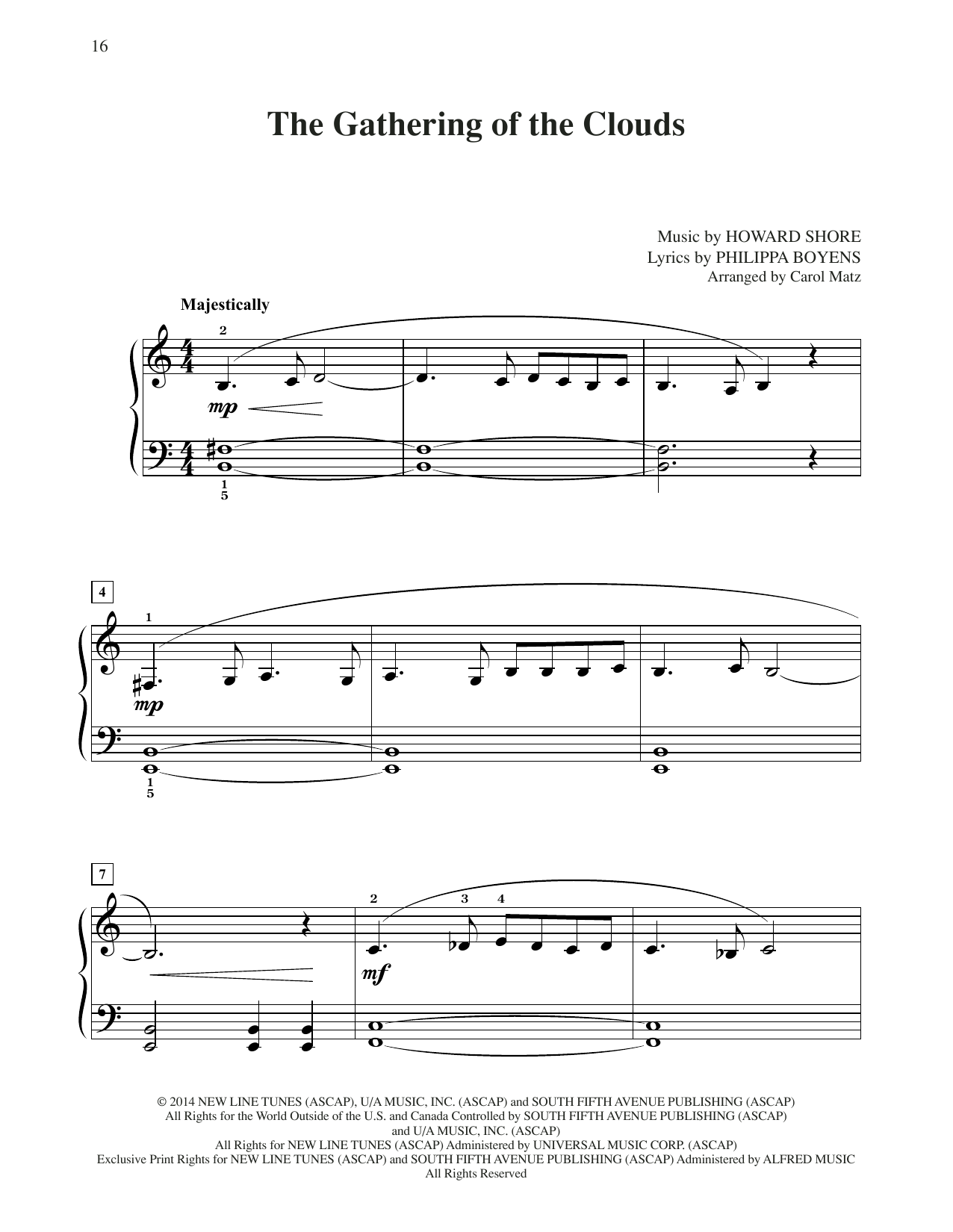 Howard Shore The Gathering Of The Clouds (from The Hobbit: The Battle of the Five Armies) (arr. Carol Matz) sheet music, chords, lyrics - Printable PDF for Big Note Piano
