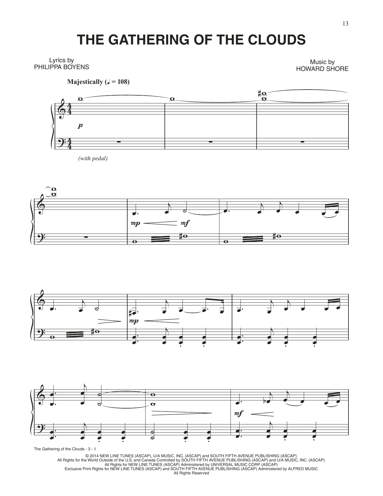 Howard Shore The Gathering Of The Clouds (from The Hobbit: The Battle of the Five Armies) sheet music, chords, lyrics - Printable PDF for Piano Solo