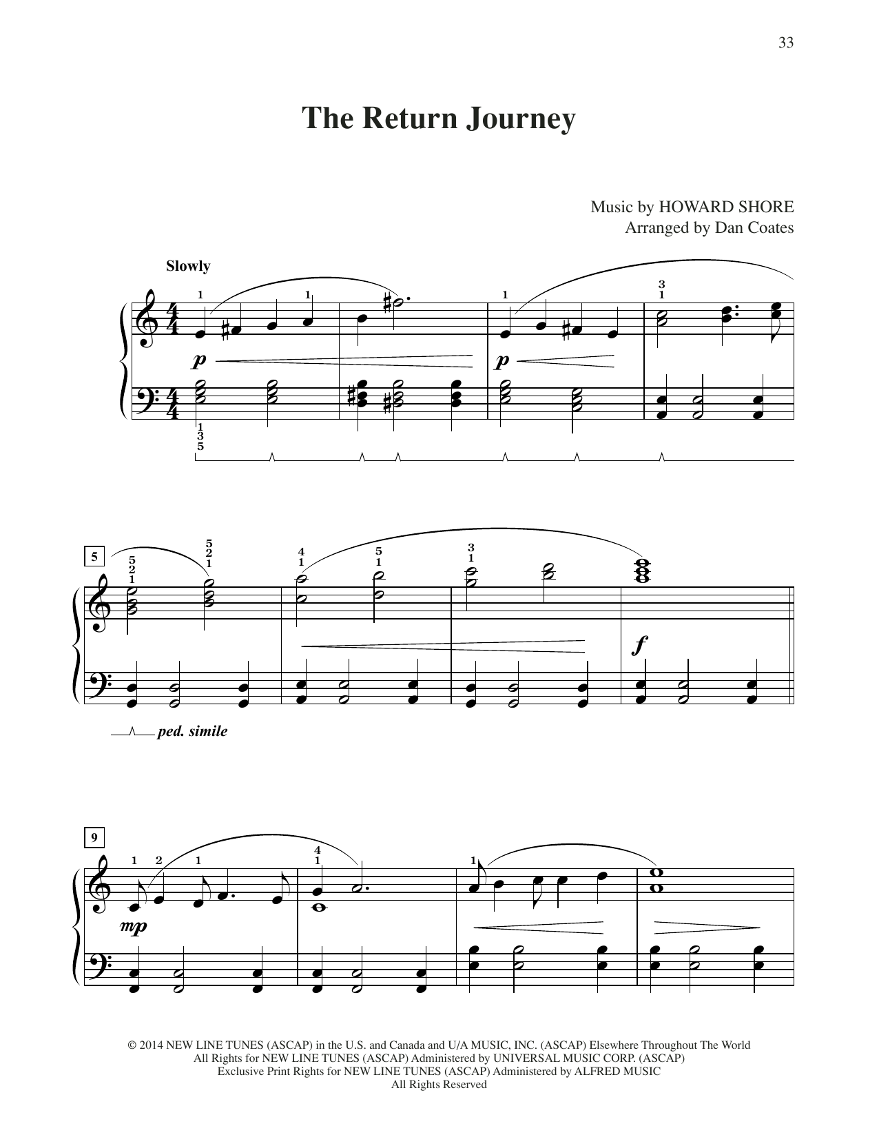 Howard Shore The Return Journey (from The Hobbit: The Battle of the Five Armies) (arr. Dan Coates) sheet music, chords, lyrics - Printable PDF for Easy Piano